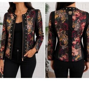 Sharif Couture Leather Jkt Womens Small Floral Black Studded Excellent Zip Front